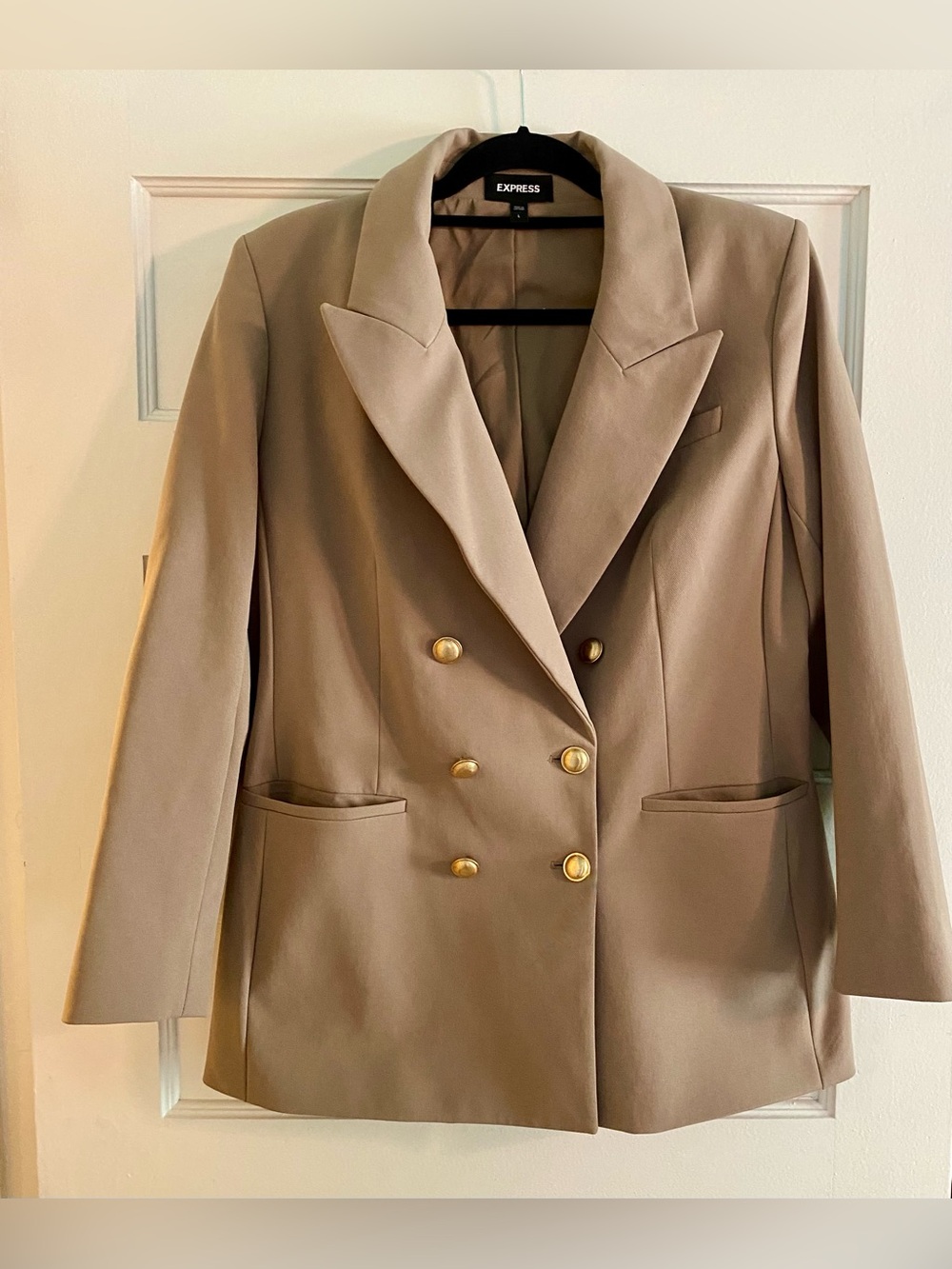 Express Double-Breasted Blazer with Gold Buttons-Taupe
